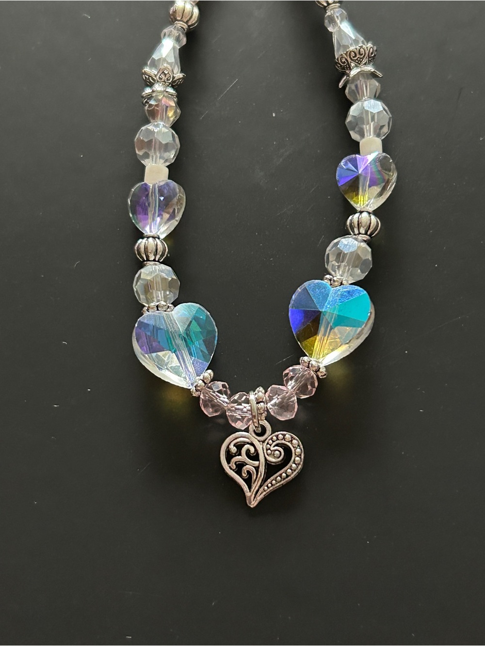 Iridescent Heart Crystal Pendant Necklace with Silver Filigree Charm